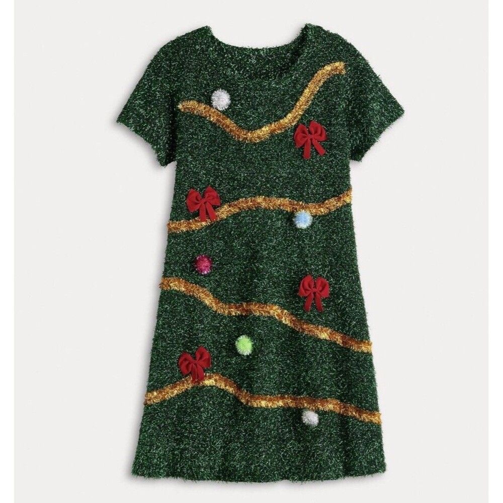 Celebrate Together Junior Dress Size S Green Sparkle Bows PomPom Knit Christmas